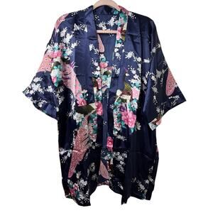 OSFM Navy Peacock Floral Satin Robe Kimono Cover Up Oriental Glam Festival Boho